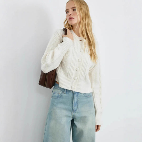 Damen Modischer Grobstrickpullover mit Knopfdetails Shop Nory