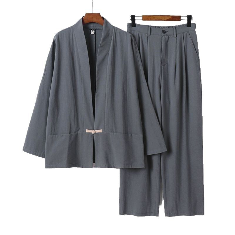 Damen Kimono-Lounge-Set aus leichtem Viskose-Leinen mit dekorativem Knebelverschluss und weiter Bundhose Shop Nory