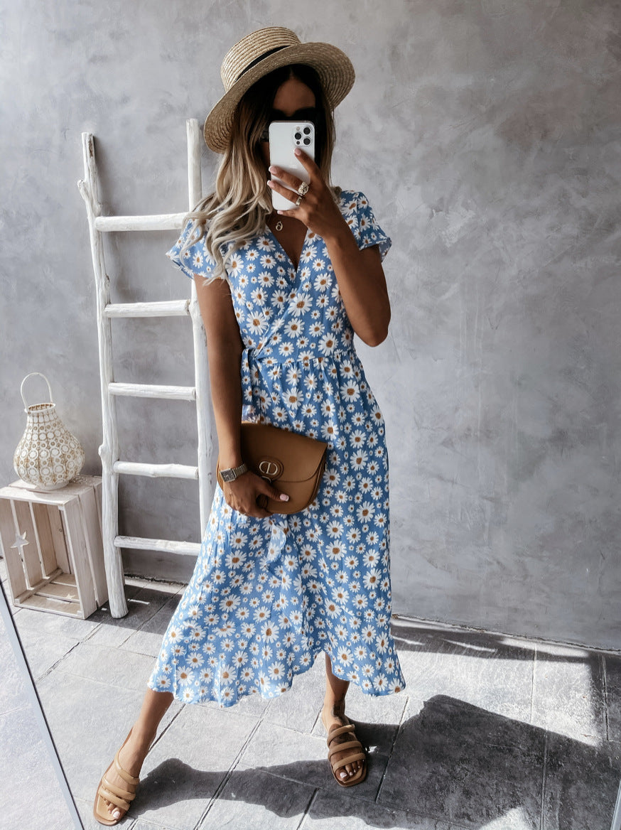 Damen florales Wickelkleid mit kurzem Ärmel und schwingendem Rock
