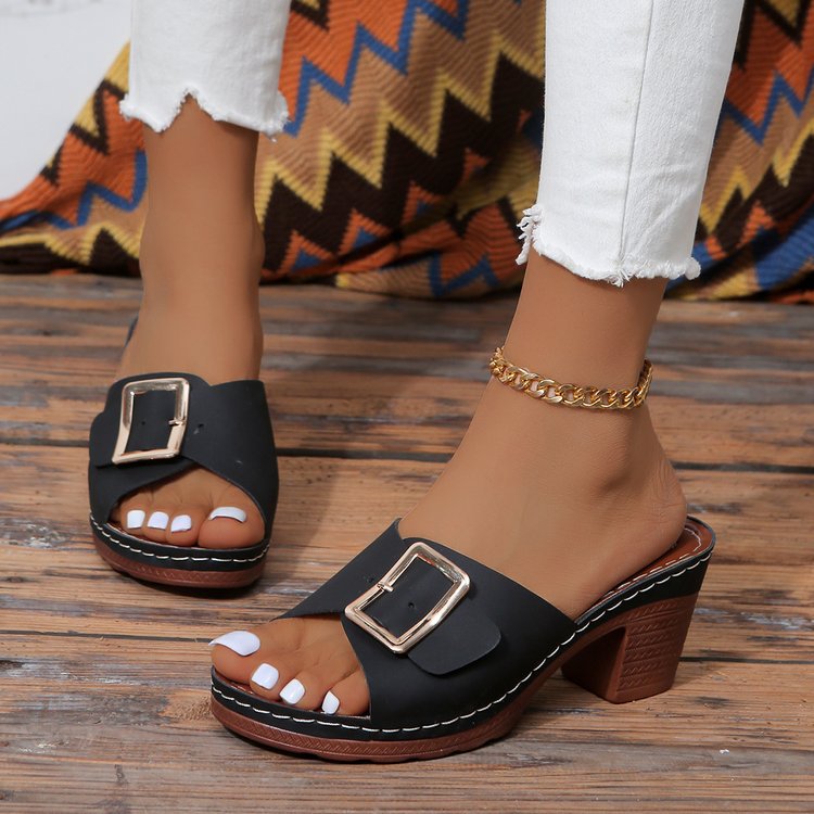 Damen Offene Slip-On Mules mit mittelhohem Blockabsatz und großer Zierschnalle Shop Nory