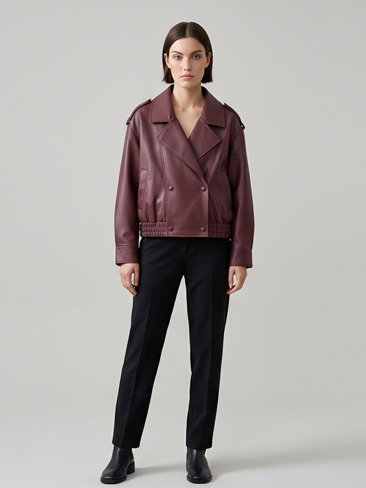 Damen Boxy-Lederimitat-Blouson mit strukturierter Narbung, doppelreihiger Knopfleiste & elastischem Saum Shop Nory