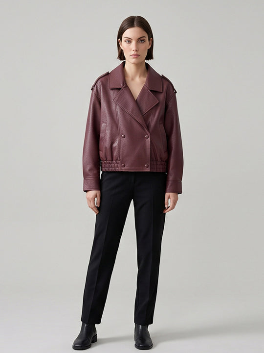 Damen Boxy-Lederimitat-Blouson mit strukturierter Narbung, doppelreihiger Knopfleiste & elastischem Saum Shop Nory