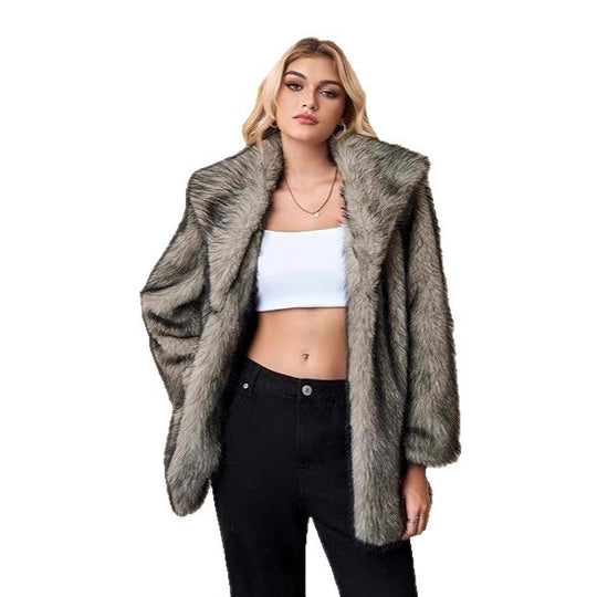 Damen Kurzer Faux‑Fur‑Mantel mit weitem Schalkragen, offener Front und Eingrifftaschen Shop Nory