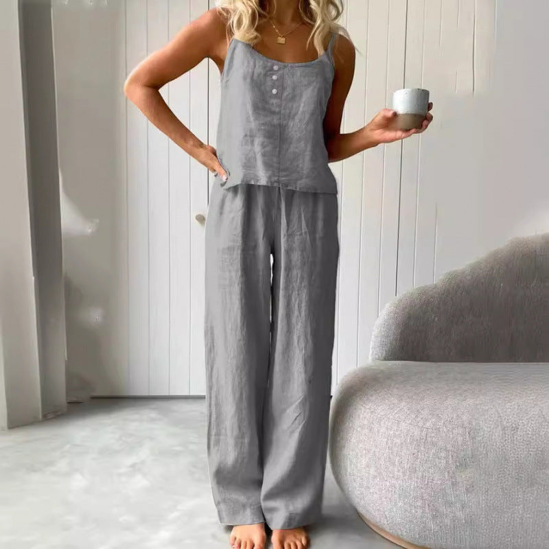 Damen lässiges Leinen-Set mit trägerloser Bluse und weiten Hosen
