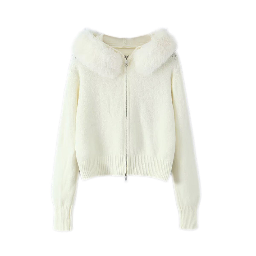 Damen Kurzgeschnittene Strickjacke mit Reißverschluss und abnehmbarem Kunstfellkragen Shop Nory