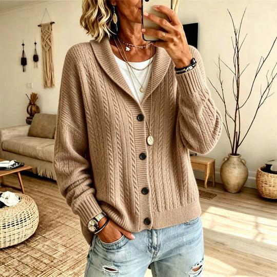 Damen Langer Schalkragen-Cardigan aus Zopfmuster mit gerippten Bündchen Shop Nory