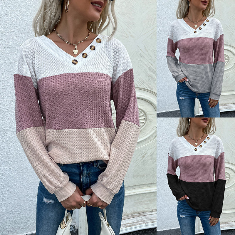 Damen Garnstruktur-Colorblock-Pullover mit V‑Ausschnitt und Zierknopfleiste Shop Nory