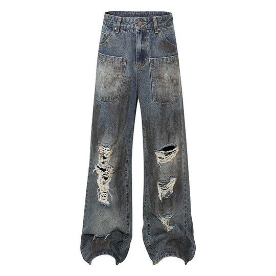 Damen Weite High‑Waist Destroyed Denim‑Palazzo‑Jeans mit aufgesetzten Taschen Shop Nory