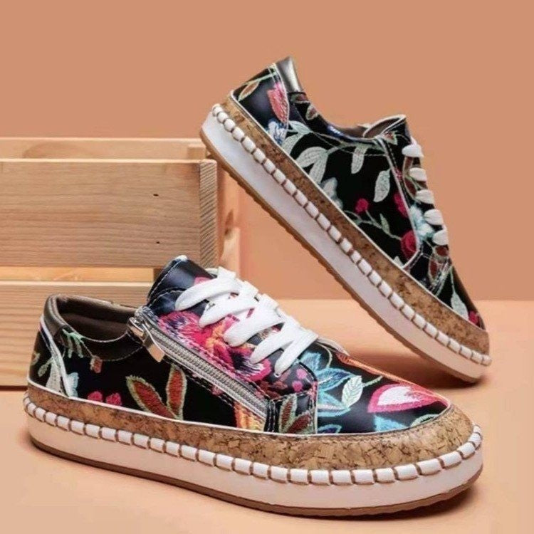 Damen Modische Sneaker mit buntem Muster und hochwertigem Korkrand