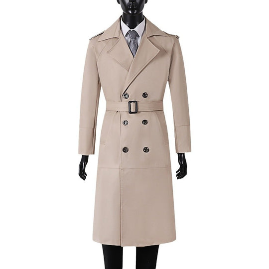 Herren Langer Doppelreihiger Trenchcoat mit Bindegürtel und Epauletten Shop Nory
