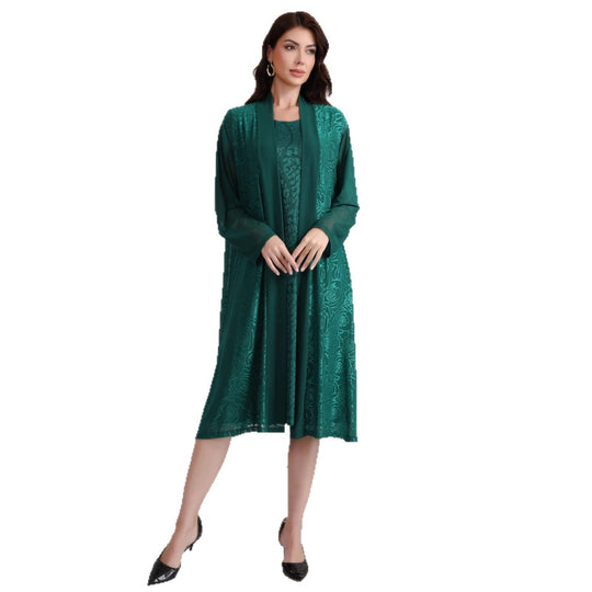 Damen Zweiteiliges Midikleid-Set mit floralem Jacquard-Overlay und offenem Mantel Shop Nory