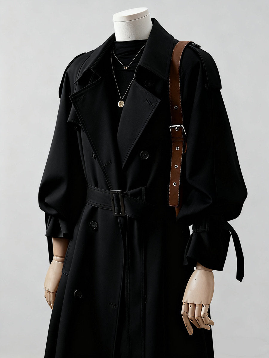 Damen langer doppelreihiger Trenchcoat mit Schulterklappen und Taillengürtel Shop Nory
