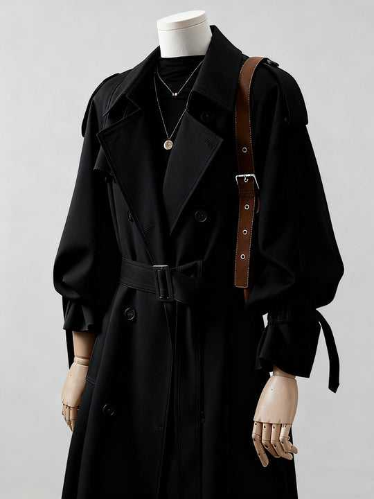 Damen langer doppelreihiger Trenchcoat mit Schulterklappen und Taillengürtel Shop Nory
