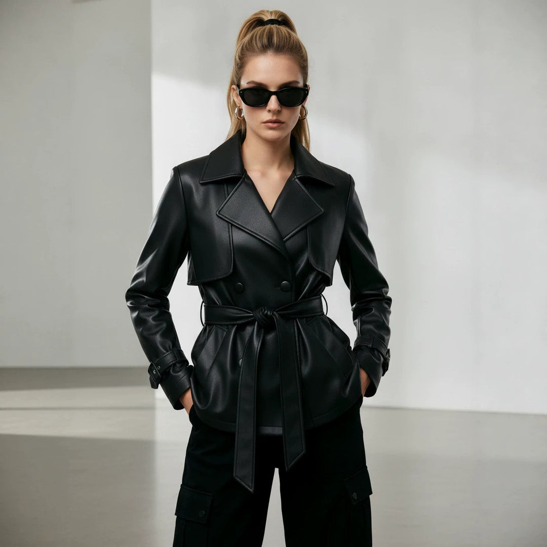 Damen Kurztrench aus Lederoptik mit doppelreihiger Knopfleiste und Taillengürtel Shop Nory