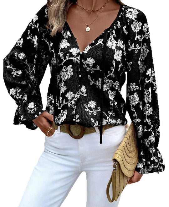 Damen V‑Neck Bluse mit floraler Stickerei, Perlenknopfleiste und Ballonärmeln Shop Nory