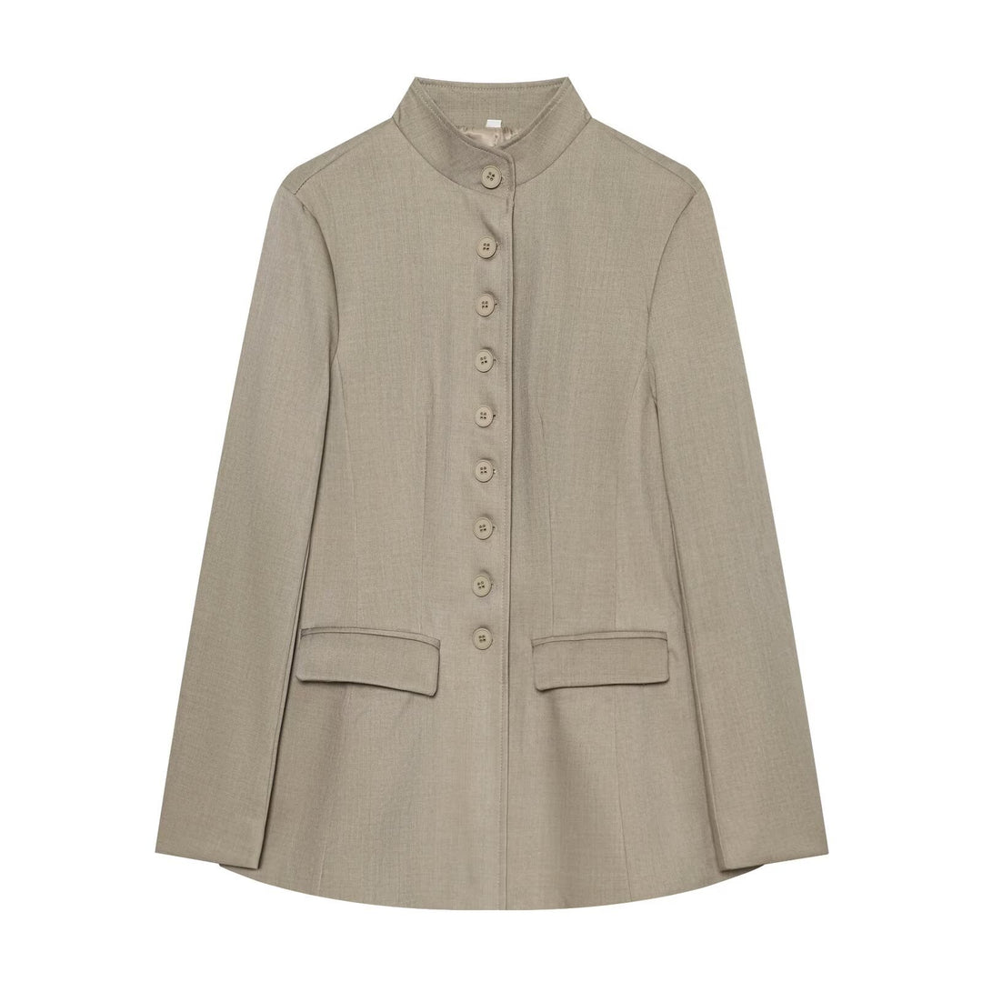 Damen Langblazer mit Stehkragen und durchgehender Knopfleiste Shop Nory