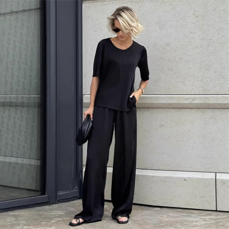 Damen elegantes und fließendes Zweiteiler-Set mit lockerem Oberteil und weiten Hosen Shopnory