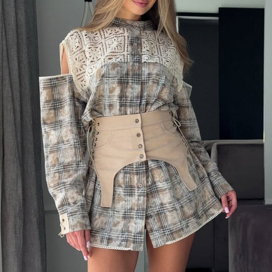 Damen Oversized-Karo‑Hemdkleid mit Häkel‑Yoke & taillierendem Schnür‑Korsettgürtel Shop Nory