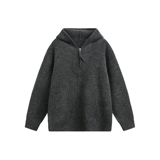 Unisex Grobgestrickter Kapuzenpullover mit halbem Reißverschluss und Boxy‑Schnitt Shop Nory