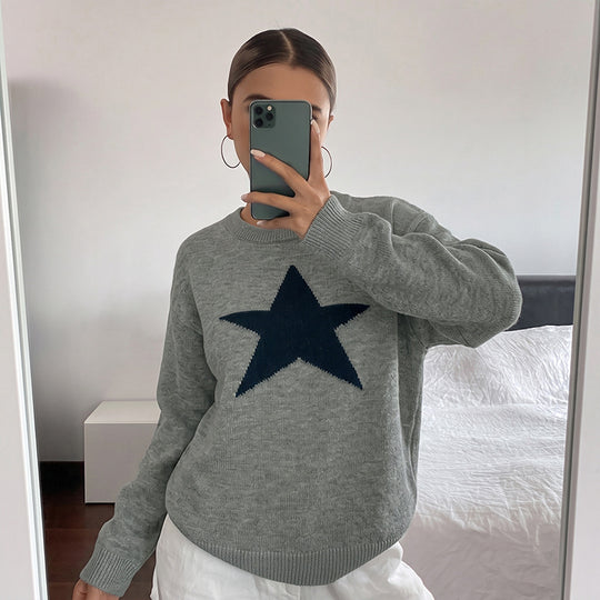 Damen Relaxed-Strickpullover mit Stern-Intarsie, Rundhalsausschnitt & lässigem Sitz Shop Nory