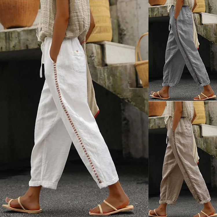 Damen lässige Leinen-Palazzo-Hose mit elastischem Bund und seitlichen Taschen