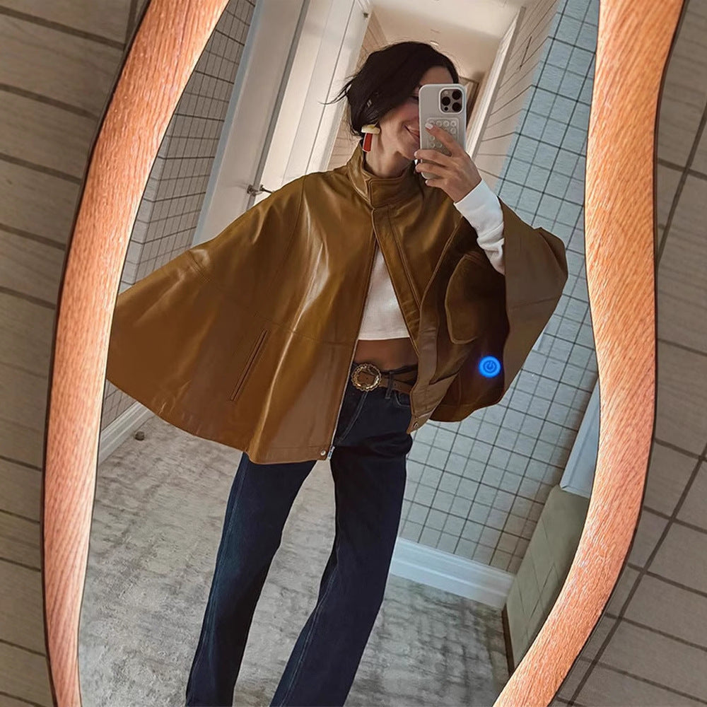 Damen Cape-Ärmige Lederjacke mit Stehkragen Shop Nory