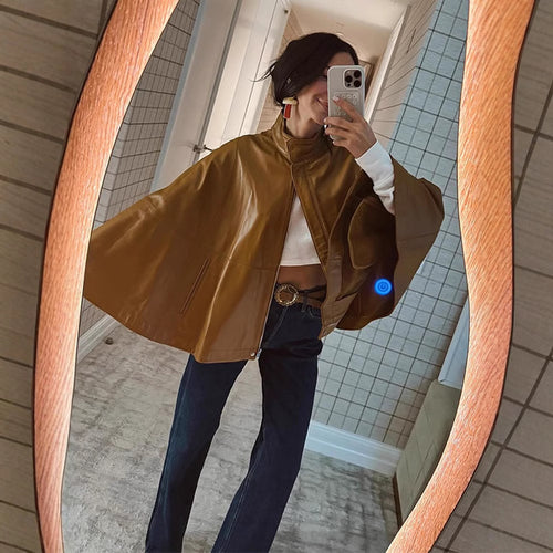 Damen Cape-Ärmige Lederjacke mit Stehkragen Shop Nory