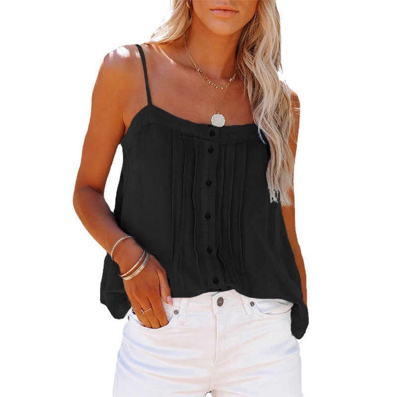Damen luftiges Spaghettiträger-Oberteil mit kariertem Design und Knopfdetails