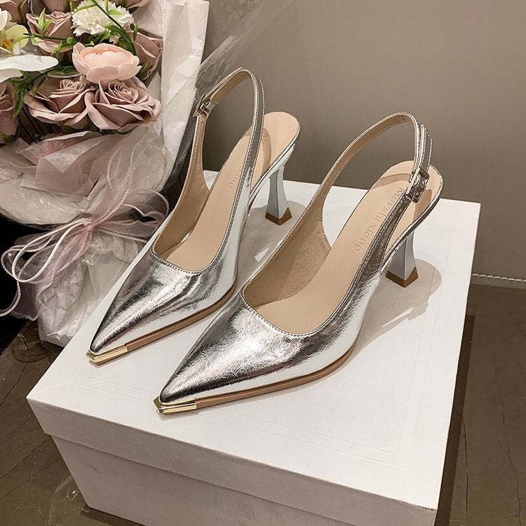 Damen elegante Slingback-Pumps mit spitzer Kappe und glänzender Oberfläche