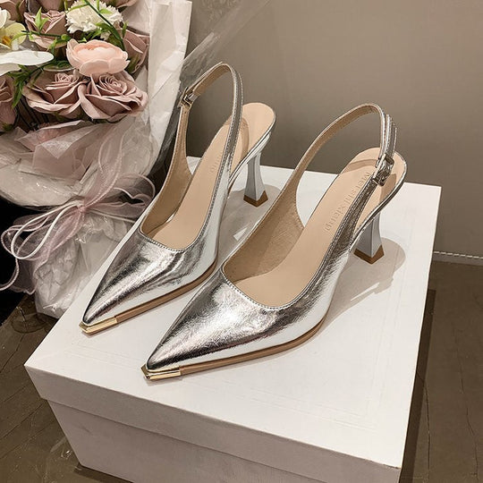 Damen elegante Slingback-Pumps mit spitzer Kappe und glänzender Oberfläche