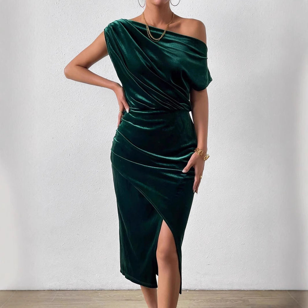 Damen Elegantes Schulterfreies Midikleid im Fließenden Design