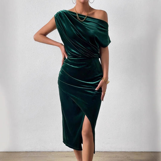 Damen Elegantes Schulterfreies Midikleid im Fließenden Design