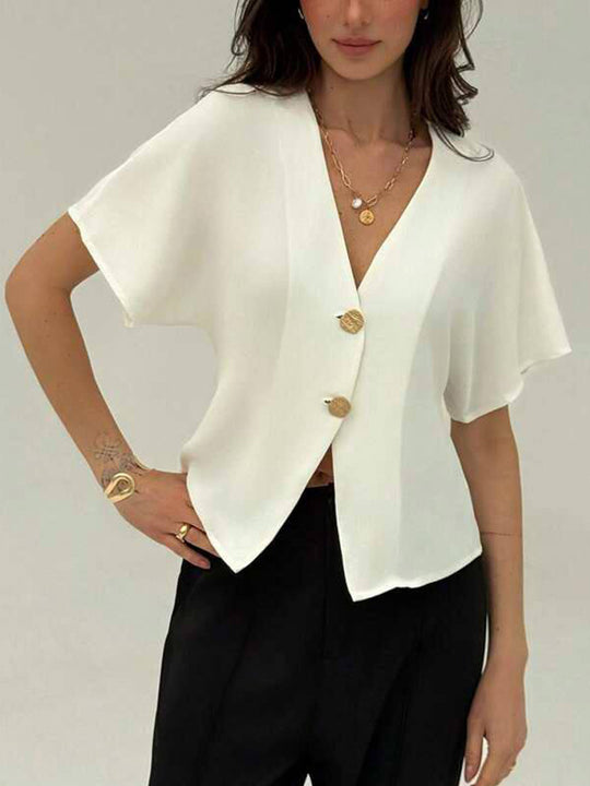 Damen Elegante V-Ausschnitt Bluse mit kurzen Kimonosärmeln und asymmetrischem Saum Shop Nory