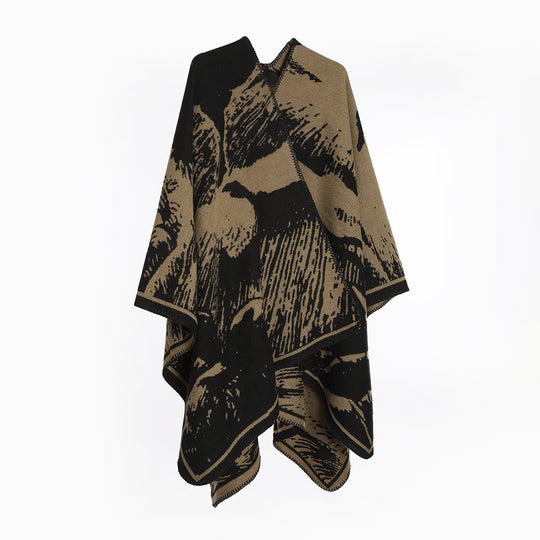 Damen Oversize‑Jacquard‑Cape mit abstraktem Naturmotiv und Kettelkante Shop Nory