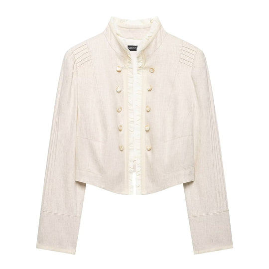 Damen Cropped Jacke mit Stehkragen, Biesenärmeln und Rüschenblende Shop Nory