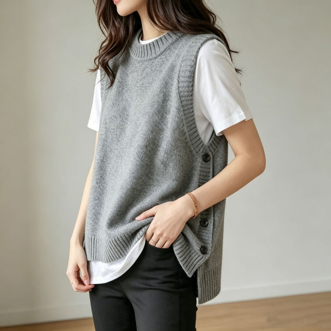 Damen Strickweste mit seitlichen Knopfleisten und Rundhalsausschnitt Shop Nory