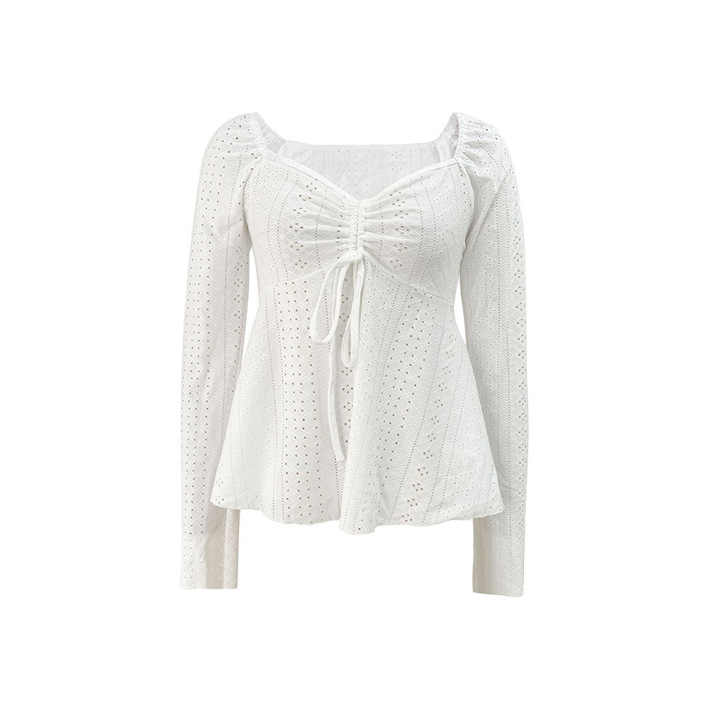Damen besticktes Broderie-Anglaise Langarm-Top mit Raffung, V‑Ausschnitt‑Effekt und tailliertem Schößchen Shop Nory