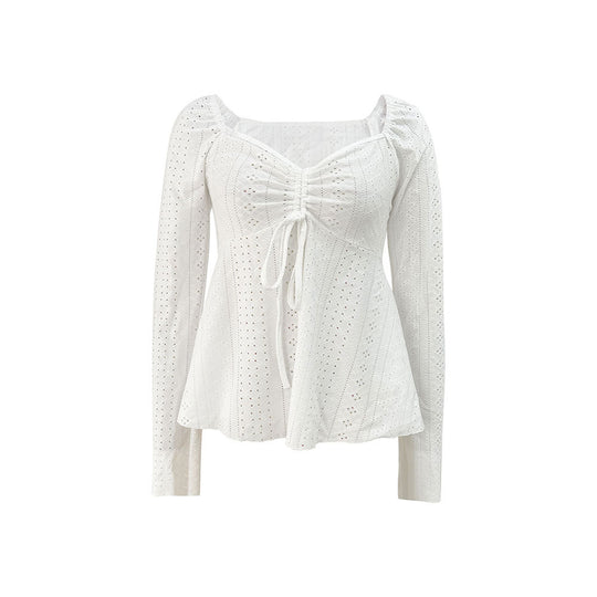 Damen besticktes Broderie-Anglaise Langarm-Top mit Raffung, V‑Ausschnitt‑Effekt und tailliertem Schößchen Shop Nory