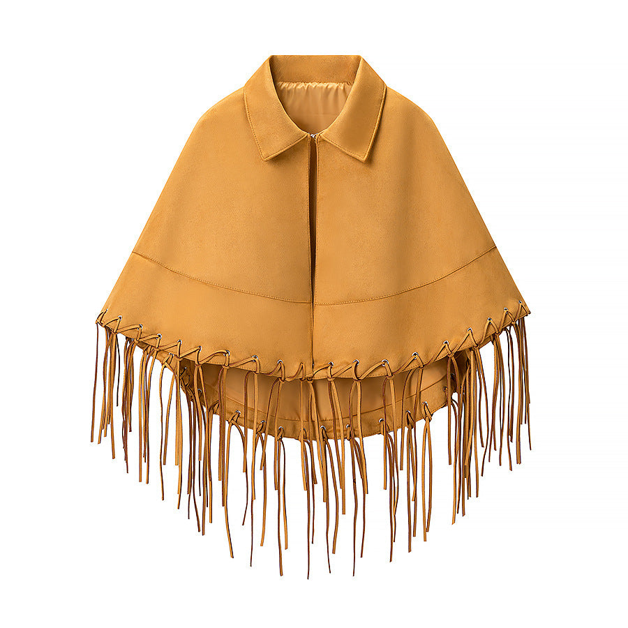 Damen Wildleder‑Optik Fransen‑Cape mit Hemdkragen und Ösenverzierung Shop Nory