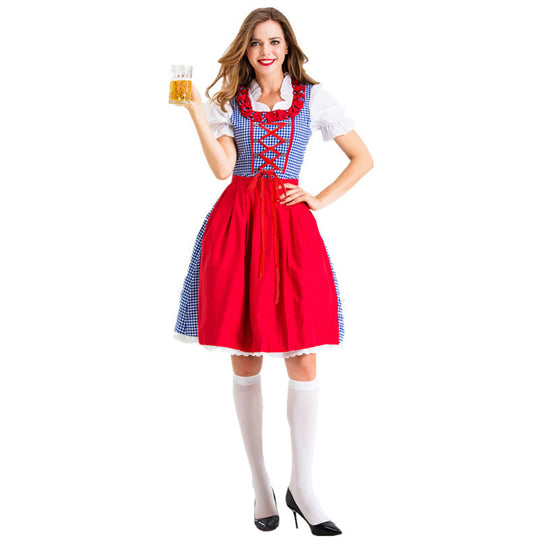 Damen nan Karo-Dirndl mit geschnürter Miederfront, Rüschenkragen und taillierter Schürze Shop Nory