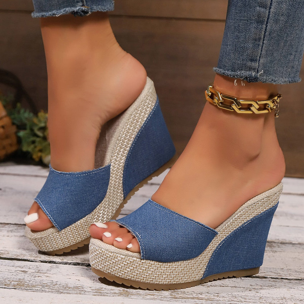 Damen Wedge-Pantoletten mit modischer Textil-Oberfläche und angenehmem Fußbett Shopnory