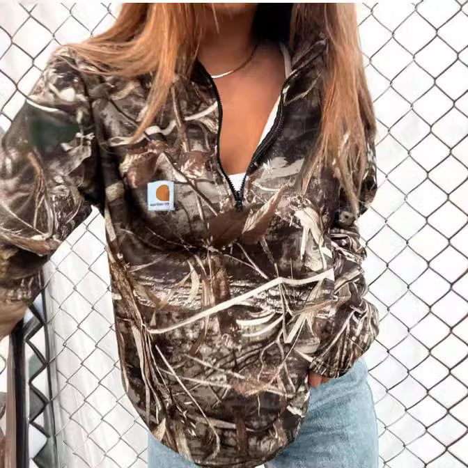 Damen Camouflage Halblang-Reißverschluss Fleece-Sweatshirt mit Kapuze und Kängurutasche Shop Nory