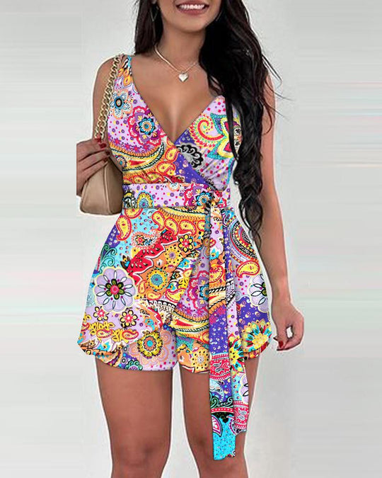 Damen lässiger Wickel-Jumpsuit mit kreativem Muster und Taillengürtel
