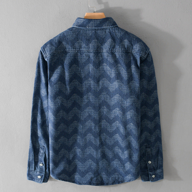 Herren Indigo-Struktur-Overshirt aus gewaschenem Denim mit Zickzack-Jacquard, Kentkragen und Brusttasche Shop Nory