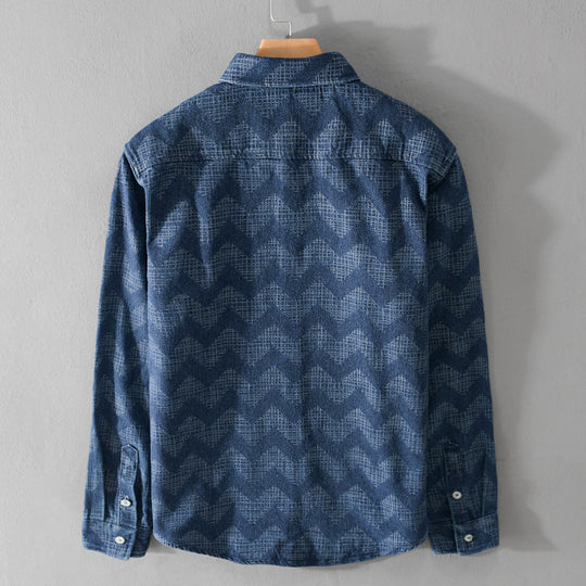 Herren Indigo-Struktur-Overshirt aus gewaschenem Denim mit Zickzack-Jacquard, Kentkragen und Brusttasche Shop Nory