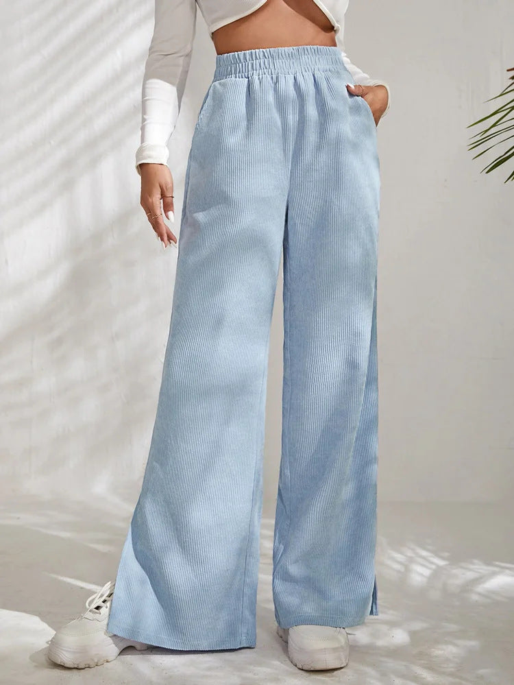 Damen Weite High‑Waist Cordoptik-Loungehose mit elastischem Bund und Seitenschlitzen Shop Nory