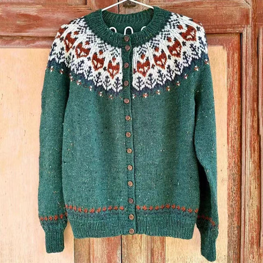 Damen nan gemusterte Strickjacke mit Rundpasse, Holzknöpfen und Eingrifftaschen Shop Nory