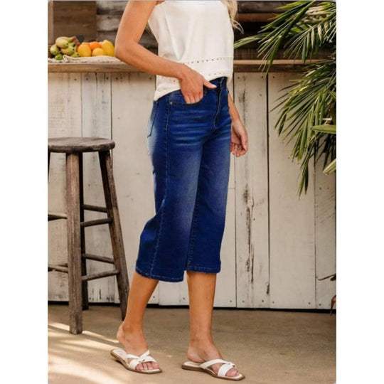 Damen Hochtaillierte Culotte-Jeans mit weitem Bein und Fünf-Taschen-Design Shop Nory