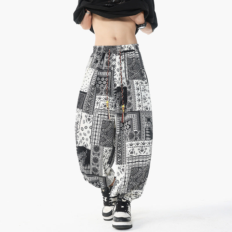 Damen lässige Pluderhose im Ethno-Print mit elastischem Bund, Kordelzug und gesmokten Bündchen Shop Nory
