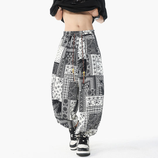 Damen lässige Pluderhose im Ethno-Print mit elastischem Bund, Kordelzug und gesmokten Bündchen Shop Nory